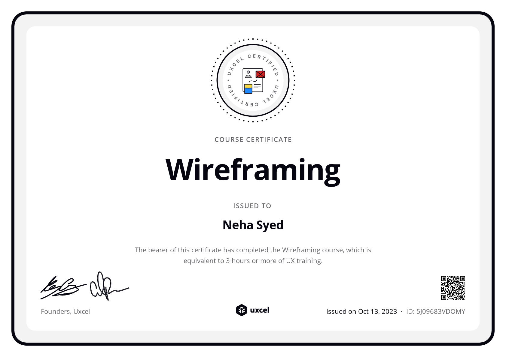Neha Syed's certificate